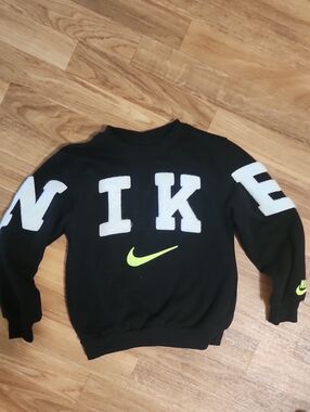 Nike Black Crewneck Sweater with White Lettering and Neon Swoosh